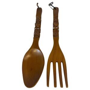 Carved Wood Fork & Spoon Wall Decor Tiki Totem 18 1/2" Made in Philippines